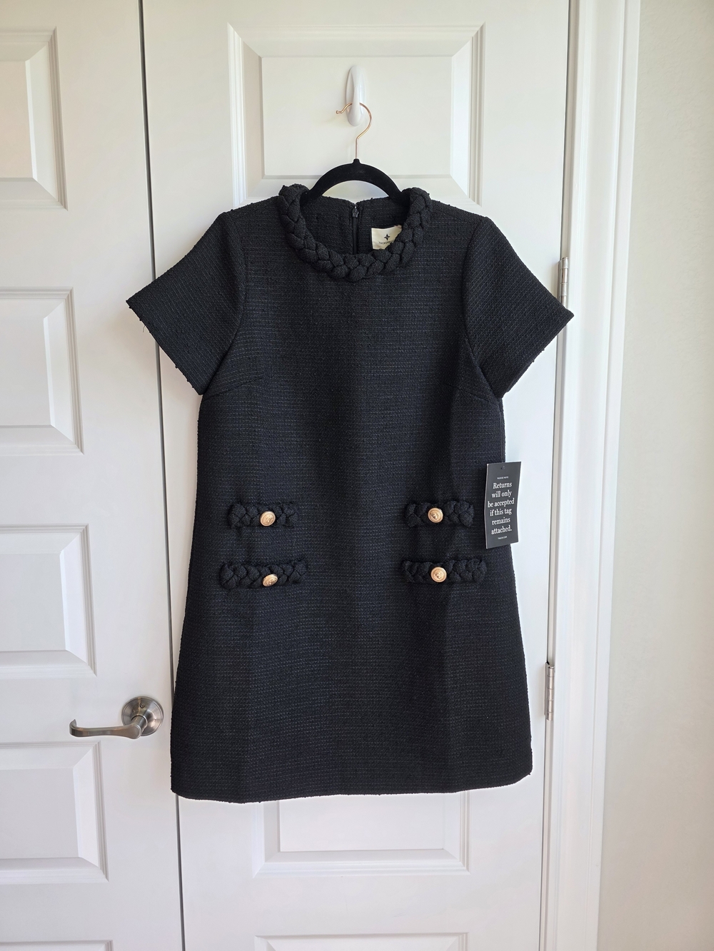 Tuckernuck Jackie Black Tweed Dress Gold Buttons Braided Trim M NWT